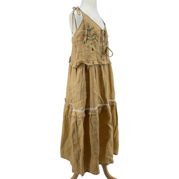 Meadows Tree, Bird, and Flower Embroidered Willow Linen Dress in Brown Size 2 - Picture 8 of 15
